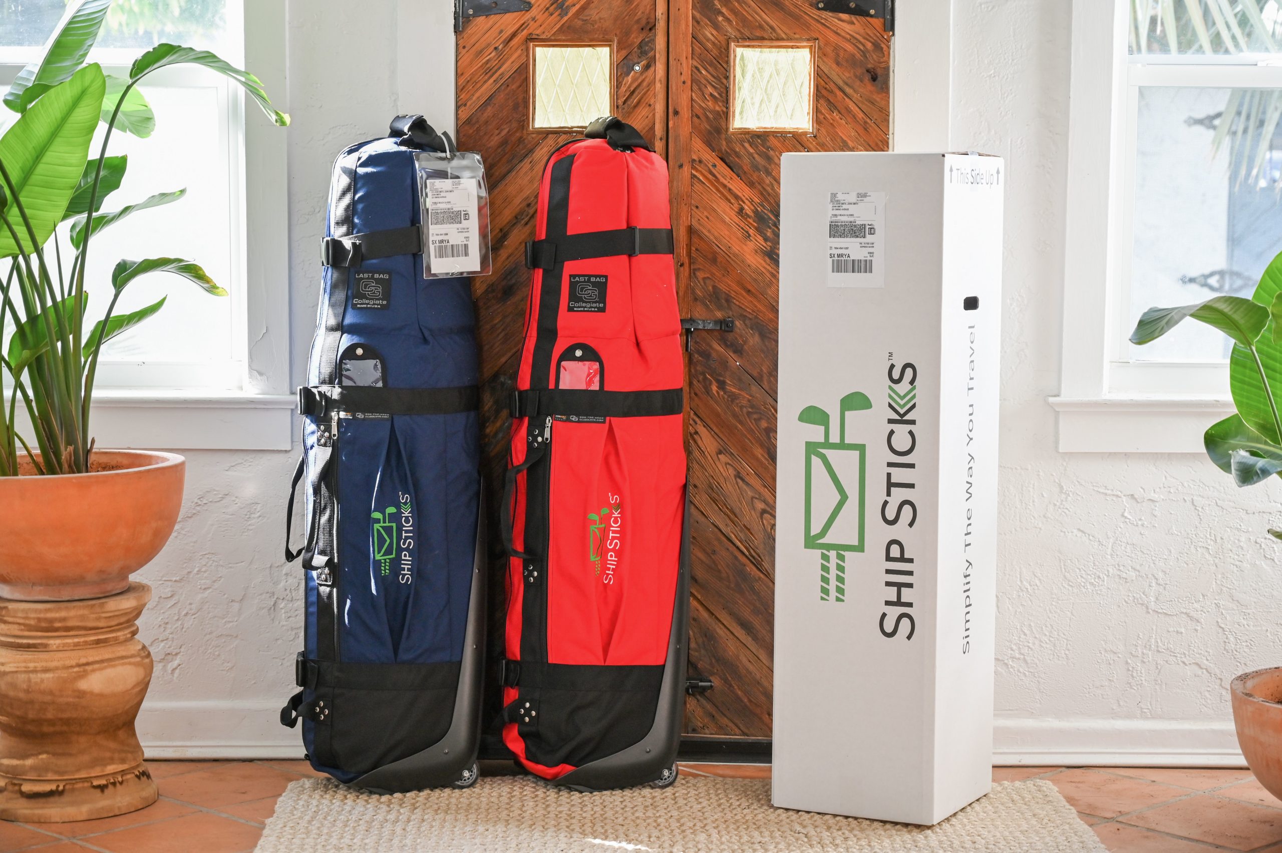 Two golf bags in travel bags and a Ship Sticks box... the company that provides the shipping.