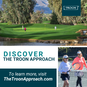Discover the Troon Approach. Images of a golf course and two women playing tennis.